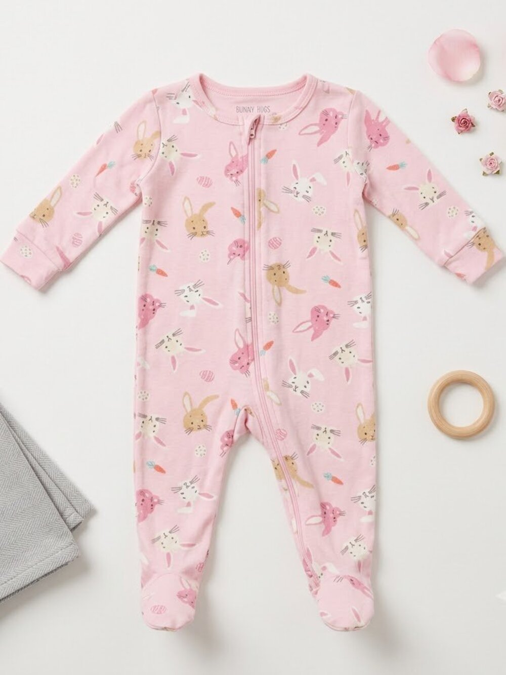 The PJ Place Baby Girl Pink Bunny Footed Pajamas – Size 3-6 Months